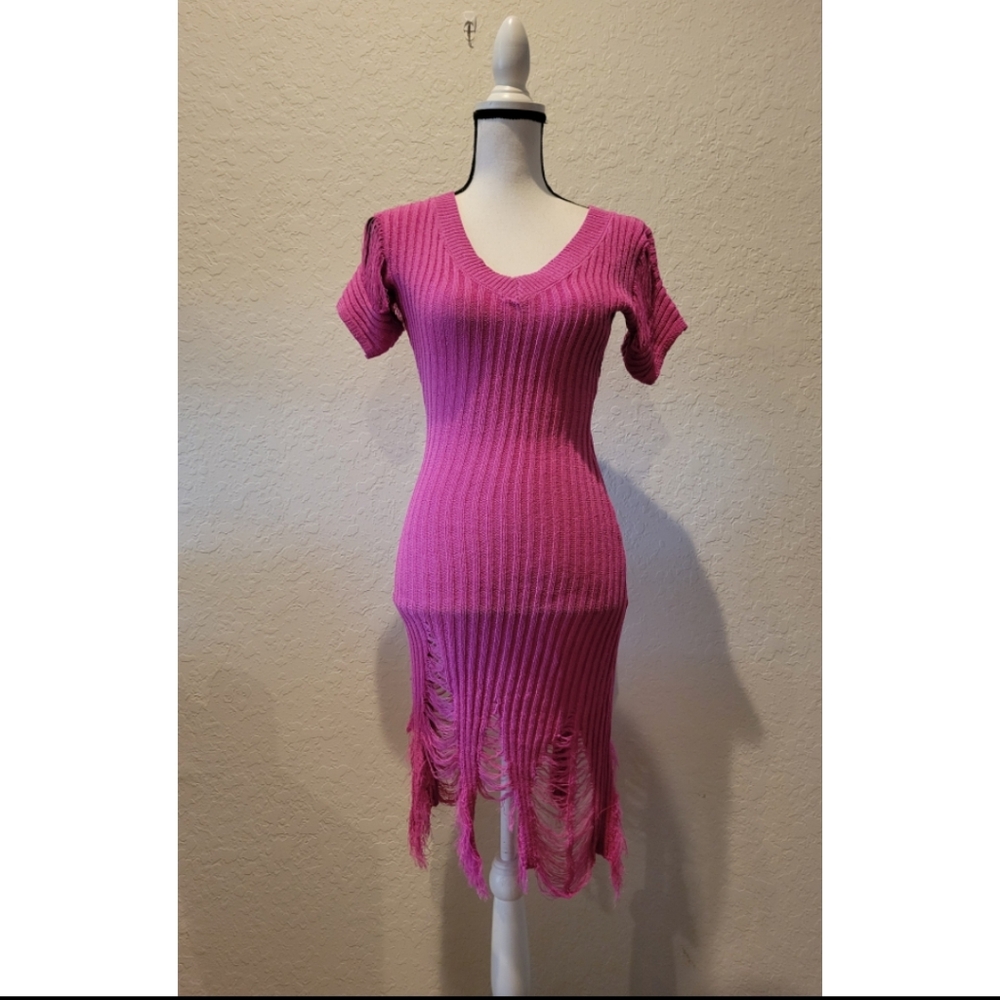 Pink Distressed Knit Sweater Dress - Picture 2 of 4